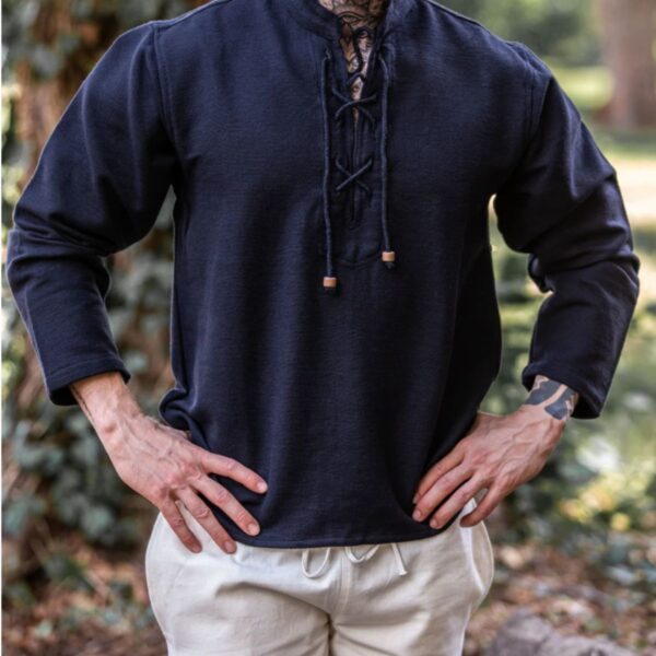Medieval handwoven cotton shirt in black for men - Image 2